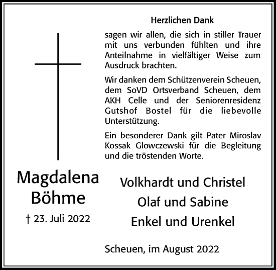 Traueranzeige von Magdalena Böhme von Cellesche Zeitung