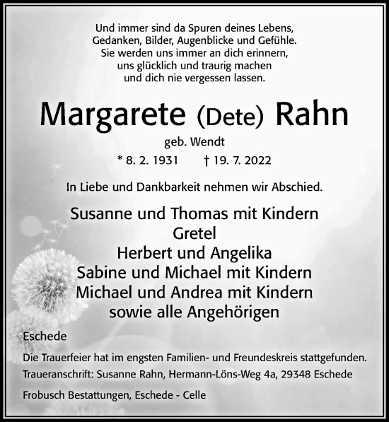 Traueranzeige von Margarete Rahn von Cellesche Zeitung