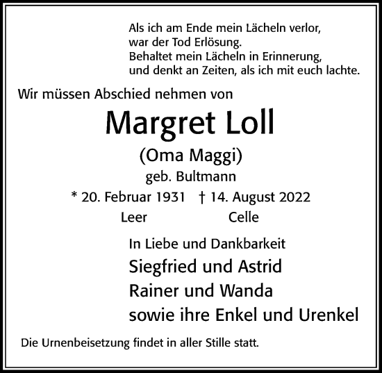 Traueranzeige von Margret Loll von Cellesche Zeitung