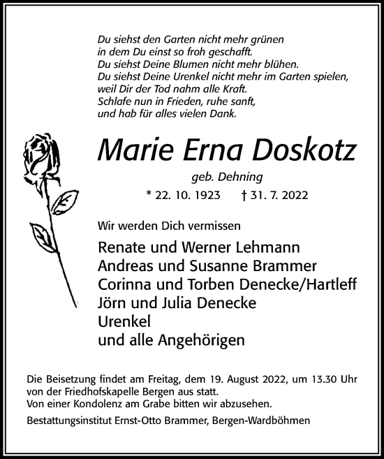 Traueranzeige von Marie Erna Doskotz von Cellesche Zeitung