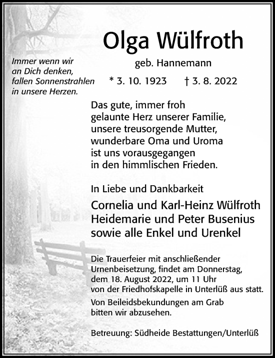 Traueranzeige von Olga Wülfroth von Cellesche Zeitung