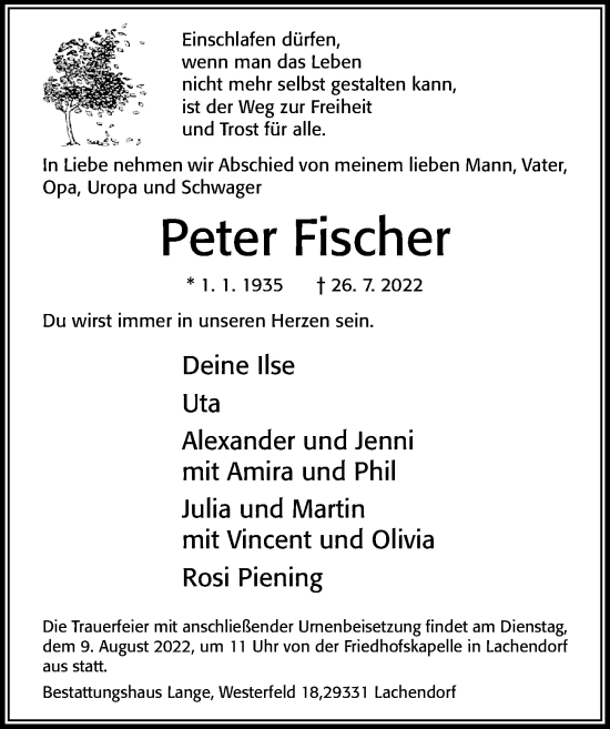 Traueranzeige von Peter Fischer von Cellesche Zeitung