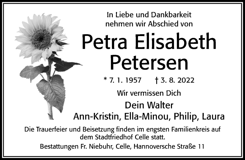  Traueranzeige für Petra Elisabeth Petersen vom 06.08.2022 aus Cellesche Zeitung