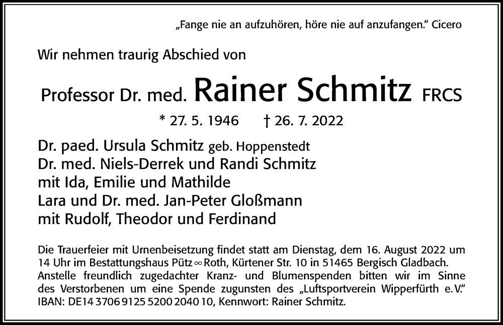  Traueranzeige für Rainer Schmitz vom 06.08.2022 aus Cellesche Zeitung