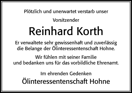 Traueranzeige von Reinhard Korth von Cellesche Zeitung