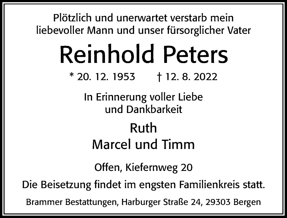  Traueranzeige für Reinhold Peters vom 17.08.2022 aus Cellesche Zeitung