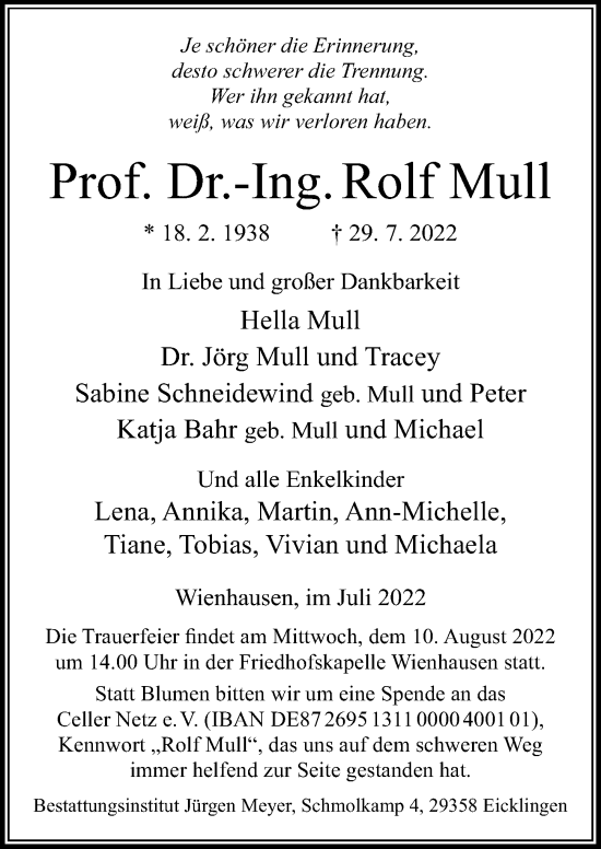 Traueranzeige von Rolf Mull von Cellesche Zeitung