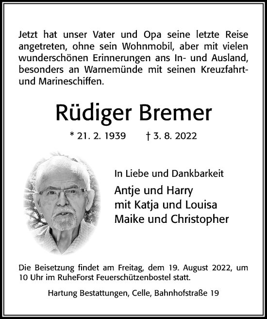 Traueranzeige von Rüdiger Bremer von Cellesche Zeitung