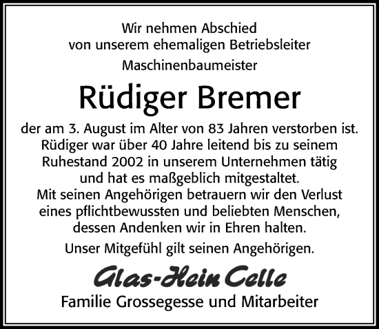 Traueranzeige von Rüdiger Bremer von Cellesche Zeitung