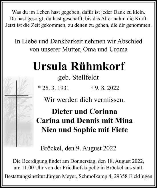 Traueranzeige von Ursula Rühmkorf von Cellesche Zeitung