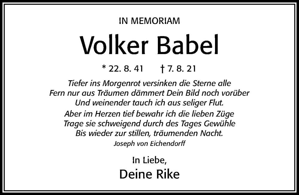  Traueranzeige für Volker Babel vom 06.08.2022 aus Cellesche Zeitung