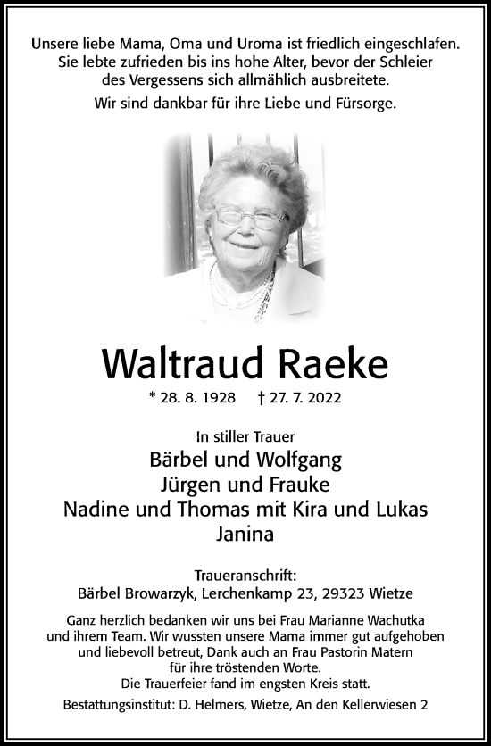 Traueranzeige von Waltraud Raeke von Cellesche Zeitung