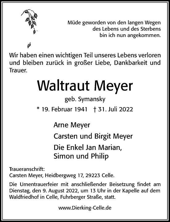 Traueranzeige von Waltraut Meyer von Cellesche Zeitung