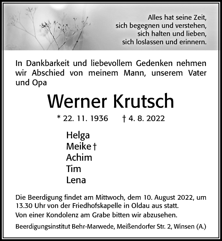  Traueranzeige für Werner Krutsch vom 06.08.2022 aus Cellesche Zeitung