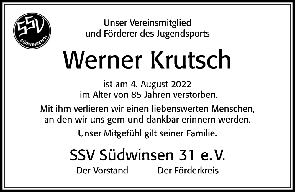  Traueranzeige für Werner Krutsch vom 10.08.2022 aus Cellesche Zeitung