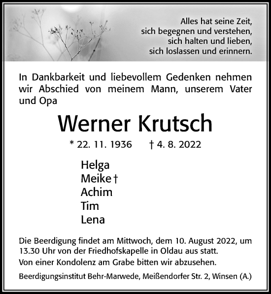 Traueranzeige von Werner Krutsch von Cellesche Zeitung