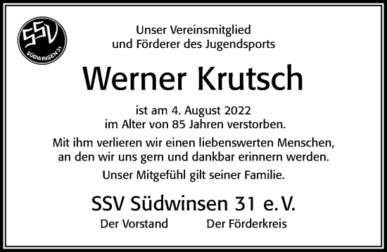 Traueranzeige von Werner Krutsch von Cellesche Zeitung