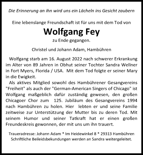 Traueranzeige von Wolfgang Fey von Cellesche Zeitung