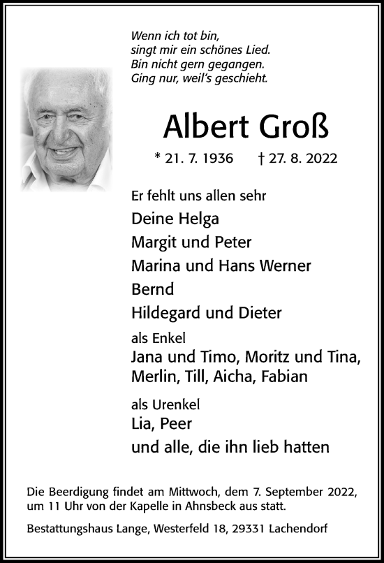 Traueranzeige von Albert Groß von Cellesche Zeitung
