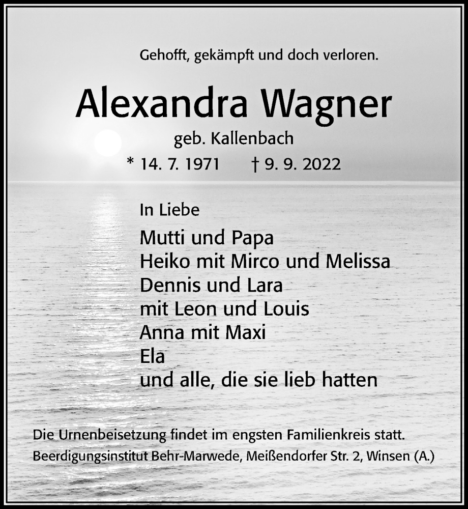  Traueranzeige für Alexandra Wagner vom 17.09.2022 aus Cellesche Zeitung