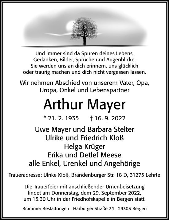 Traueranzeige von Arthur Mayer von Cellesche Zeitung