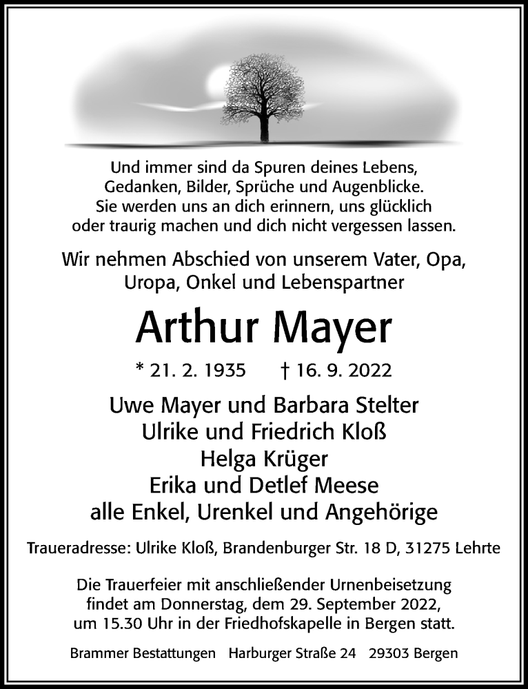  Traueranzeige für Arthur Mayer vom 23.09.2022 aus Cellesche Zeitung
