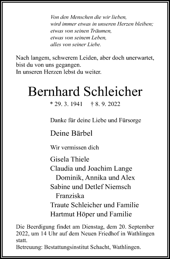 Traueranzeige von Bernhard Schleicher von Cellesche Zeitung