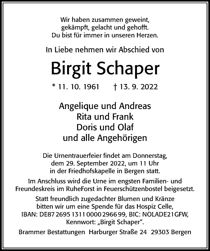  Traueranzeige für Birgit Schaper vom 17.09.2022 aus Cellesche Zeitung
