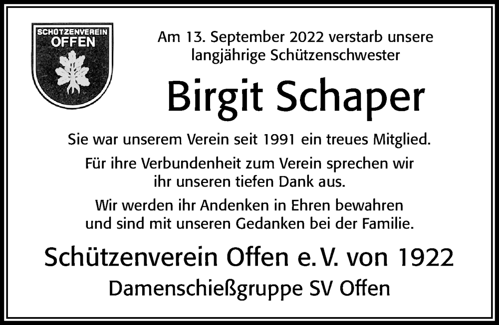  Traueranzeige für Birgit Schaper vom 22.09.2022 aus Cellesche Zeitung
