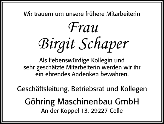 Traueranzeige von Birgit Schaper von Cellesche Zeitung