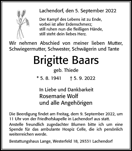 Traueranzeige von Brigitte Baars von Cellesche Zeitung