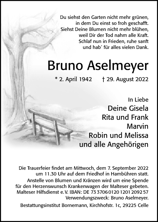 Traueranzeige von Bruno Aselmeyer von Cellesche Zeitung