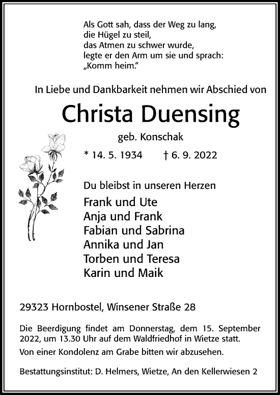 Traueranzeige von Christa Duensing von Cellesche Zeitung