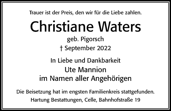 Traueranzeige von Christiane Waters von Cellesche Zeitung