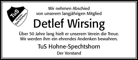 Traueranzeige von Detlef Wirsing von Cellesche Zeitung