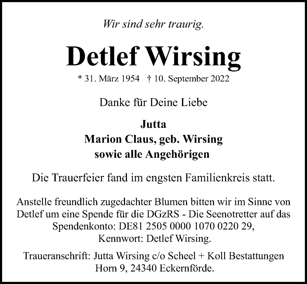  Traueranzeige für Detlef Wirsing vom 17.09.2022 aus Cellesche Zeitung