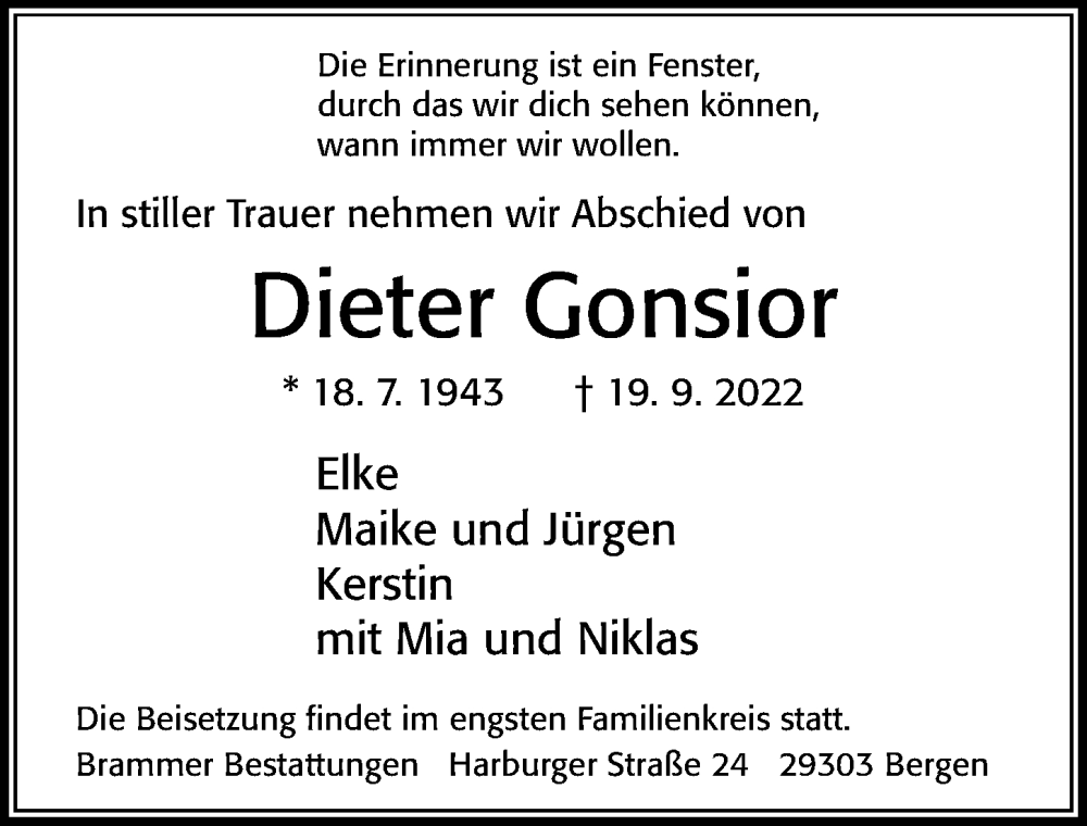  Traueranzeige für Dieter Gonsior vom 23.09.2022 aus Cellesche Zeitung