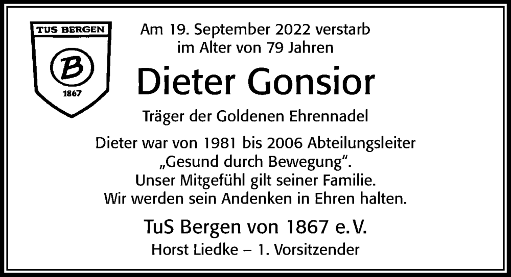  Traueranzeige für Dieter Gonsior vom 23.09.2022 aus Cellesche Zeitung