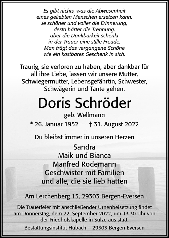 Traueranzeige von Doris Schröder von Cellesche Zeitung