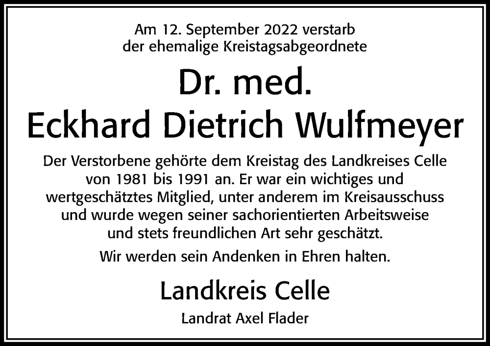  Traueranzeige für Eckhard Dietrich Wulfmeyer vom 22.09.2022 aus Cellesche Zeitung