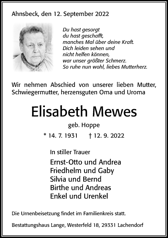  Traueranzeige für Elisabeth Mewes vom 19.09.2022 aus Cellesche Zeitung