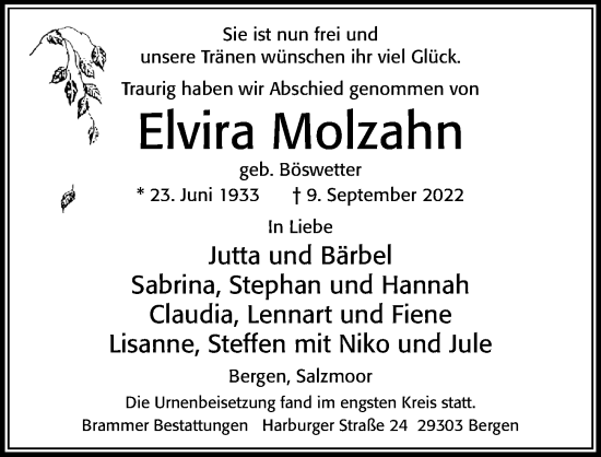 Traueranzeige von Elvira Molzahn von Cellesche Zeitung