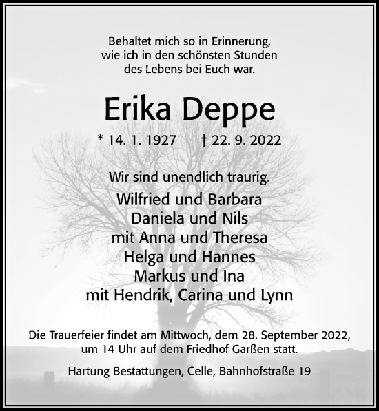 Traueranzeige von Erika Deppe von Cellesche Zeitung