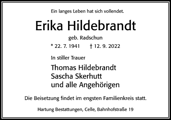 Traueranzeige von Erika Hildebrandt von Cellesche Zeitung