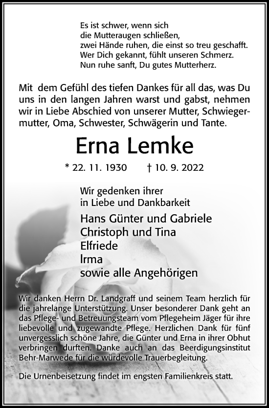 Traueranzeige von Erna Lemke von Cellesche Zeitung