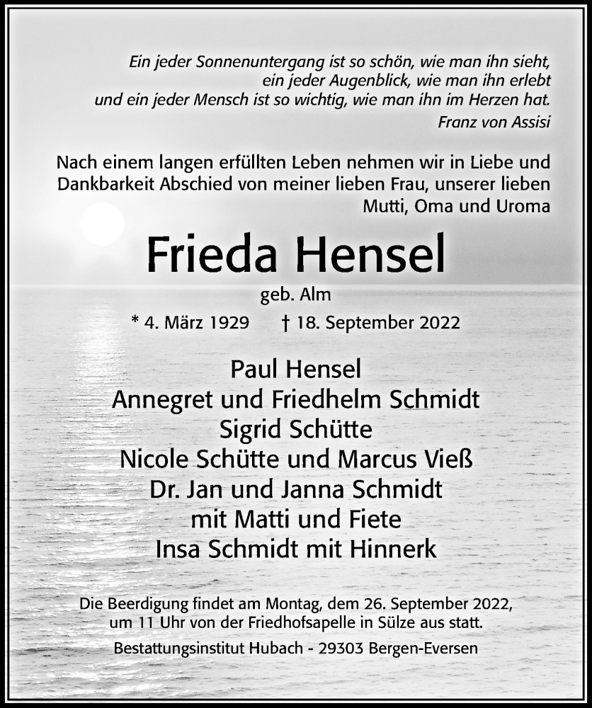  Traueranzeige für Frieda Hensel vom 23.09.2022 aus Cellesche Zeitung