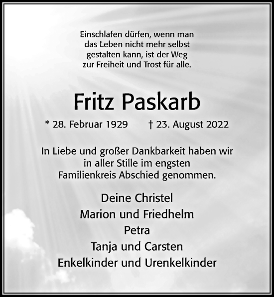 Traueranzeige von Fritz Paskarb von Cellesche Zeitung