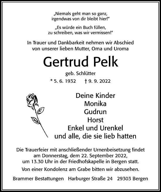 Traueranzeige von Gertrud Pelk von Cellesche Zeitung