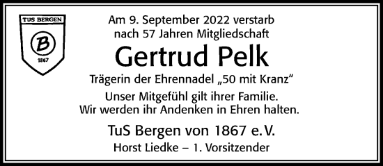 Traueranzeige von Gertrud Pelk von Cellesche Zeitung