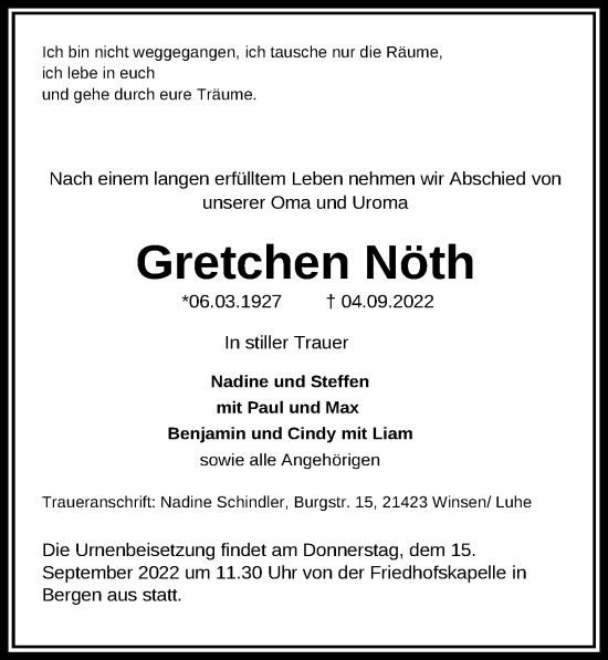Traueranzeige von Gretchen Nöth von Cellesche Zeitung